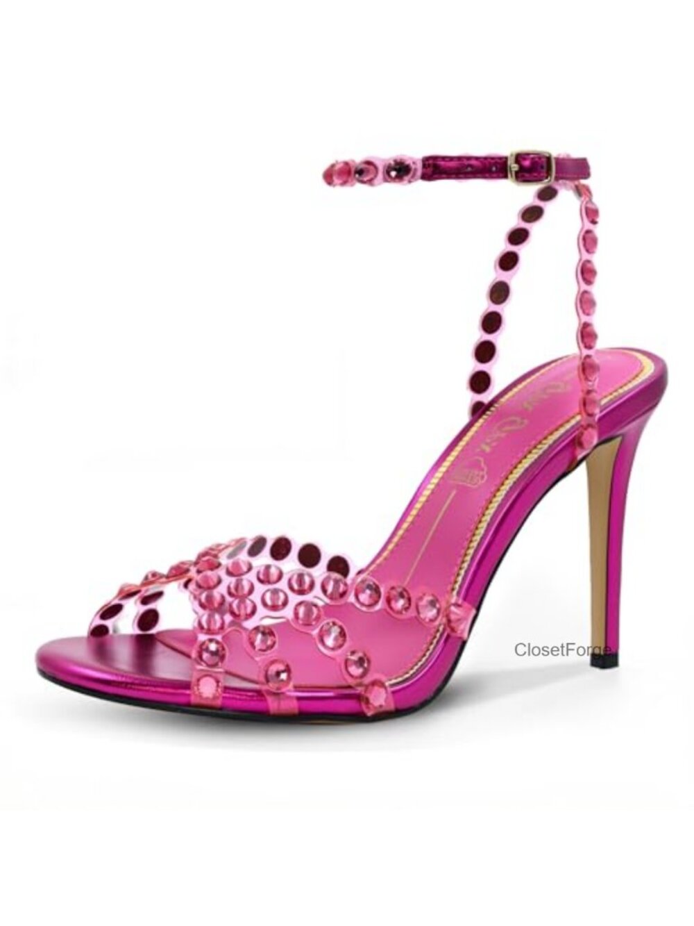 Rhinestone Sandals Clear Strappy Buckle Stiletto Heels Round Toe Dressy Prom